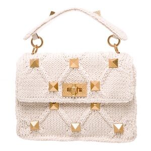 Valentino Cream Knit Rockstud Top Handle Satchel with Gold Hardware